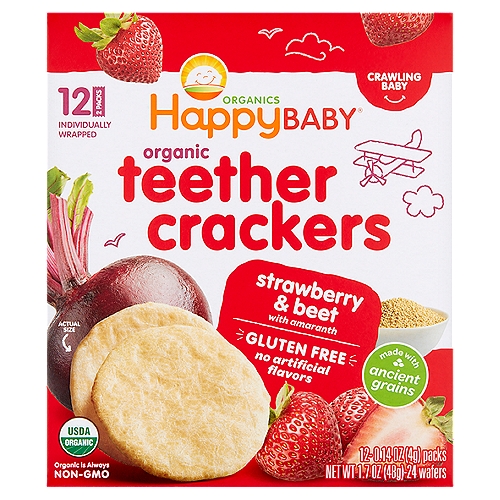 Happy Baby Organics Strawberry & Beet Organic Teether Crackers, 0.14 oz, 12 count
Strawberry & Beet Organic Teether Crackers, Crawling Baby

Your child may be ready for Organic Teether Crackers when she or he:
Pulls self up to stand with support
Uses jaws to mash food between gums
Crawls without tummy touching the ground
Picks up food to eat with thumb and forefinger

Our Enlightened Nutrition Philosophy
Made with ancient grains
No artificial flavors
Encourages self-feeding