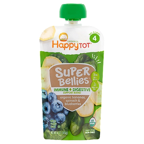 Happy Tot Organics Super Bellies Fruit & Veggie Blend Baby Food, Stage 4, Tots & Tykes, 4 oz
Organic Bananas, Spinach & Blueberries Fruit & Veggie Blend Baby Food, Stage 4, Tots & Tykes

… Our …
Yummy Recipe
3/4 banana
1/2 cup spinach
8 blueberries
+ beta-glucan & prebiotic fiber

Beta-glucan helps support your tot's immune system.
Prebiotic fiber helps support digestive health.
Here's to a happy & healthy start!
Love,
Shazi
