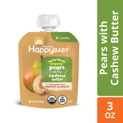 Happy Baby Organics Nutty Blends Stage 2, Pears & Cashew Butter, Allergen Introduction in Baby Appropriate Texture, for 6+ Months, 3 Oz