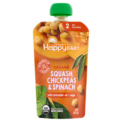 Happy Baby Organics Organic Squash, Chickpeas & Spinach Baby Food, Stage 2, 6+ Months, 4 oz