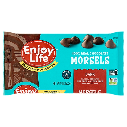 Enjoy Life Dark Chocolate Morsels, 9 oz
Free from 14 Allergens
Wheat, peanuts, tree nuts, dairy, casein, soy, egg, sesame, mustard, lupin, added sulfites, fish, shellfish, crustaceans