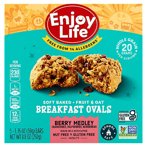 Enjoy Life Berry Medley Soft Baked Fruit & Oat Breakfast Ovals, 1.76 oz, 5 count
Free from 14 Allergens
Wheat, peanuts, tree nuts, dairy, casein, soy, egg, sesame, mustard, lupin, added sulfites, fish, shellfish, crustaceans