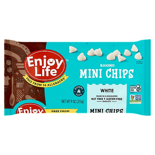 Enjoy Life White Baking Mini Chips, 9 oz
Free from 14 Allergens
Wheat, peanuts, tree nuts, dairy, casein, soy, egg, sesame, mustard, lupin, added sulfites, fish, shellfish, crustaceans