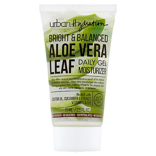 Urban Hydration Bright & Balanced Aloe Vera Leaf Daily Gel Moisturizer, 2.5 fl oz
Aloe offers several skin benefits as a result of its natural proteolytic enzymes. Aloe vera moisturizes skin without leaving a greasy feel, making it helpful for anyone with oily skin, acne, psoriasis, or eczema.

The Good Stuff
Helps Hydrates - Helps Relieve Skin
Helps with Eczema - Helps Smoothen

No Bad Stuff
Paraben Free - Polybead Free
Silicone Free - Sulfate Free