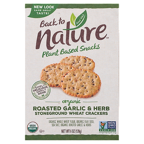 Back to Nature Organic Roasted Garlic & Herb Stoneground Wheat Crackers, 6 oz
Organic Whole Wheat Flour, Organic Flax Seed, Sea Salt, Organic Roasted Garlic & Herbs

You can almost taste these delightful crunchy crackers just from the aroma when you open the box! Made with organic ingredients like whole wheat flour, flax seed, sea salt, and seasoned with roasted garlic & herbs. Pairs perfectly with a simple piece of cheese or your favorite topping.