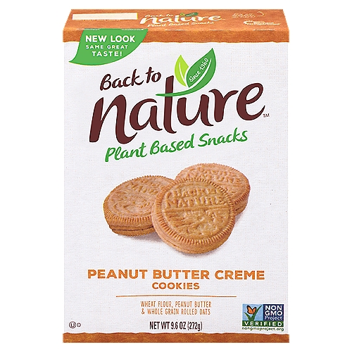 Back to Nature Peanut Butter Creme Cookies, 9.6 oz
Wheat Flour, Peanut Butter & While Grain Rolled Oats

Peanut butter cookie lovers rejoice! You'll love our delicious Peanut Butter Creme Cookies! Made with peanut creme sandwiched between two tasty, crunchy cookie wafers. you'll wish you bought more than one box!