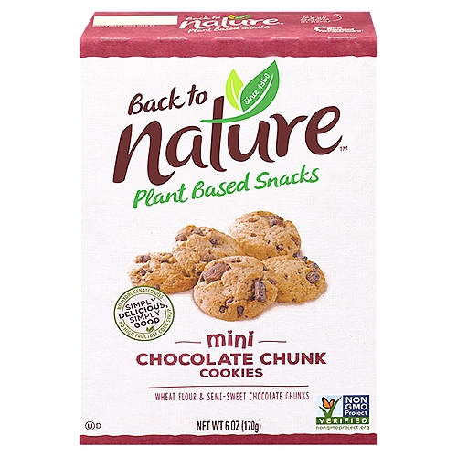 Back to Nature Mini Chocolate Chunk Cookies, 6 oz
Our Mini Chocolate Chunk Cookies are made with premium ingredients like wheat flour and rich, delicious semi-sweet chocolate chunks. These bite size treats are small in size but big in flavor. Our cookies are a delicious snack you can eat right out of the box or sprinkle on a special dessert.