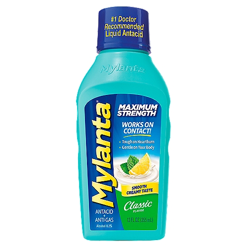 Mylanta Maximum Strength Classic Flavor Antacid + Antigas Liquid, 12 fl oz
The coating, acid-neutralizing power of Maximum Strength Mylanta® starts to work on contact.
It helps soothe and relieve heartburn, acid indigestion, and bothersome gas symptoms so you can feel better fast. Tough on heartburn and gas, Mylanta works at the source of symptoms. It is gentle on your body with a great tasting flavor, and can be used as directed everyday.

Drug Facts
Active ingredients (in each 10 ml dose) - Purposes
Aluminum hydroxide (equivalent to dried gel, USP) 800 mg - Antacid
Magnesium hydroxide 800 mg - Antacid
Simethicone 80 mg - Antigas

Uses
Relieves:
■ heartburn
■ acid indigestion
■ sour stomach
■ upset stomach due to these symptoms
■ pressure and bloating commonly referred to as gas
■ overindulgence in food and drink