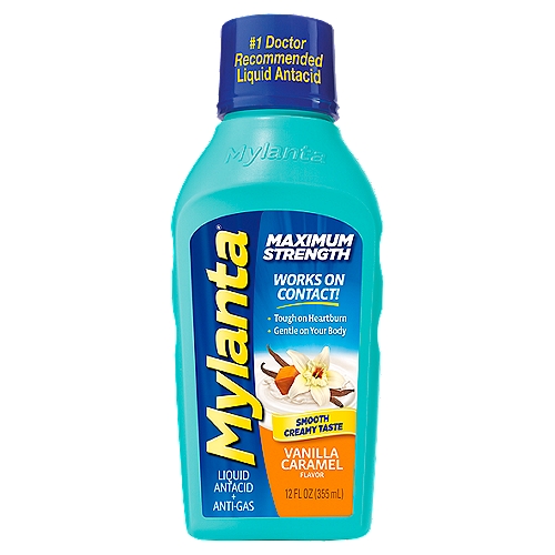 Mylanta Maximum Strength Vanilla Caramel Flavor Liquid Antacid + Anti-Gas, 12 fl oz
The coating, acid-neutralizing power of Maximum Strength Mylanta® starts to work on contact.
It helps soothe and relieve heartburn, acid indigestion, and bothersome gas symptoms so you can feel better fast. Tough on heartburn and gas, Mylanta works at the source of symptoms. It is gentle on your body with a great-tasting flavor, and can be used as directed every day.

Drug Facts
Active ingredients (in each 10 ml dose) - Purposes
Aluminum hydroxide (equivalent to dried gel, USP) 800 mg, magnesium hydroxide 800 mg - Antacid
Simethicone 80 mg - Antigas

Uses
Relieves:
■ heartburn
■ acid indigestion
■ sour stomach
■ upset stomach due to these symptoms
■ pressure and bloating commonly referred to as gas
■ overindulgence in food and drink
