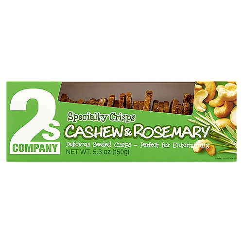 2s Company Cashew & Rosemary Specialty Crisps, 5.3 oz
2's Company Specialty Crisps are crafted in small batches by our bakers to enhance flavor and deliver a consistent crisp texture.
Our cashew & rosemary infusion not only makes for an appetizing and convenient snack, but they wonderfully complement an array of cheeses, dips, and other condiments.