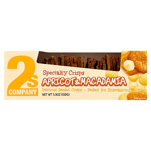 2s Company Apricot & Macadamia Specialty Crisps, 5.3 oz
2's Company Specialty Crisps are crafted in small batches by our bakers to enhance flavor and deliver a consistent crisp texture.
Our Apricot & Macadamia infusion not only makes for an appetizing and convenient snack, but they wonderfully complement an array of cheeses, dips and other condiments.