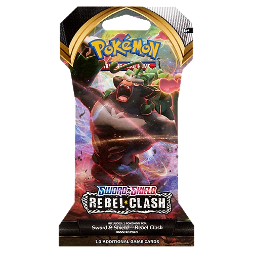 Pokémon Sword & Shield Rebel Clash Trading Card Game Booster Pack, 6+, 10 count
he Pokémon TCG: Sword & Shield—Rebel Clash expansion contains over 190 cards. Each Pokémon TCG booster pack contains 10 cards and 1 basic energy. Each player must have a 60-card deck of Pokémon cards to play.

Expand your Pokémon trading card game collection with "10 additional game cards" booster packs.

Online™
Expand Your Game.
Play Online!
Contains 1 code card. This card gives you access to an additional online booster pack for play in the Pokémon TCG Online.

Gotta catch 'em all!™