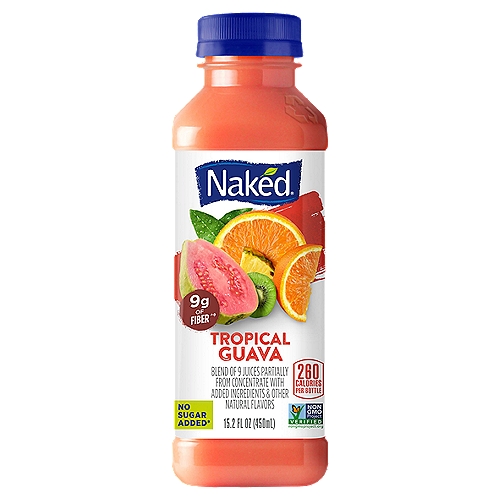 Naked Tropical Guava Smoothie, 15.2 fl oz
Blend of 9 Juices Partially from Concentrate with Added Ingredients & Other Natural Flavors

9g of Fiber^°
^Good Source of Fiber.

The Goodness Inside®°
No Sugar Added*
Vegan**
Juices from°...
1 orange, 2 guavas, 1/8 pineapple, 16 grapes, 1/2 kiwi, 1/4 banana & a hint of apple, chokeberry & elderberry
°per bottle
**visit our website for more information on our vegan claim.
*Not a low calorie food.
