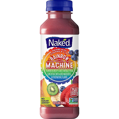 Naked Rainbow Machine Juice, 15.2 fl oz
Flavored Blend of 6 Juices Partially from Concentrate with Added Ingredients & Other Natural Flavors

The Goodness Inside®°
No Preservatives Added
No Sugar Added*
Gluten Free
Vegan**
Juices from°⟡... 2¾ apples, ¼ mango, ½ banana, ½ kiwi, 70 blueberries, ¹/₅ red beet
Boosted with°... 81mg vitamin C, 7.5mg vitamin E, 17.6mg vitamin B3, 710mg calcium, 1.87mg vitamin B6, 3.12mcg vitamin B12, 5.9mcg vitamin D
°per bottle
*Not a low calorie food. See nutrition panel for information on sugar and calorie content.
**visit our website for more information on our vegan claim
⟡Ingredients listed in rainbow order. See ingredient statement for ingredient predominance.