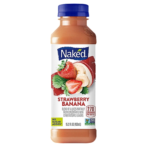 Naked Strawberry Banana Juice, 15.2 fl oz
Blend of 6 Juices Partially from Concentrate with Other Natural Flavors

The Goodness Inside®°
No Preservatives Added
No Sugar Added*
Gluten Free
Vegan**
Juices from°...
3 apples
1½ bananas
10¼ strawberries
& a hint of orange
Also Provides°...
920mg potassium
°per bottle
*Not a low calorie food.
**visit our website for more information on our vegan claim

We use Rainforest Alliance Certified™ bananas in our smoothies