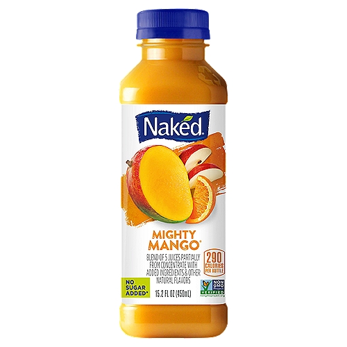 Naked Mighty Mango Smoothie, 15.2 fl oz
A Blend of 5 Juices with Added Ingredients & Other Natural Flavors

The Goodness Inside™°
Juices from°...
1 1/4 mangoes, 1 3/4 apples, 1/2 orange, 1/3 banana† & a hint of lemon
Boosted with°...
1730mcg vitamin A
†sustainably grown & harvested
°per bottle
