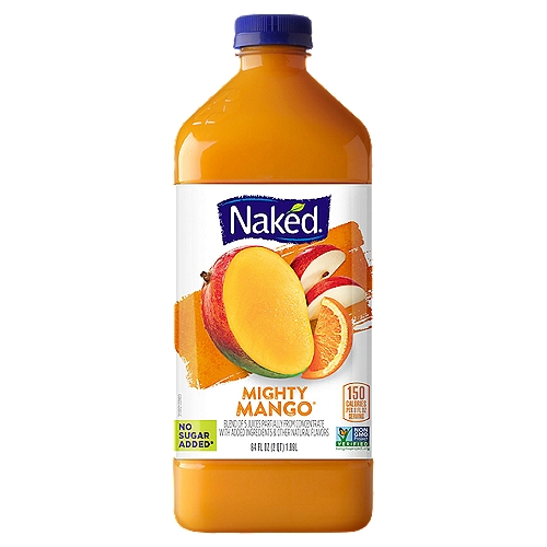 Naked Mighty Mango Juice, 64 fl oz
Blend of 5 Juices Partially from Concentrate with Added Ingredients & Other Natural Flavors

No sugar added*
*Not a low calorie food.

The Goodness Inside®°
Juices from°...
5 mangoes, 7 1/3 apples, 2 1/2 oranges, 1 3/4 bananas & a hint of lemon
°per bottle