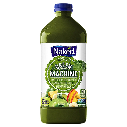 Naked Green Machine Smoothie, 64 fl oz
Flavored Blend of 5 Juices with Added Ingredients & Other Natural Flavors

The Goodness Inside™°
Juices from°...
11 1/2 apples, 1 1/2 mangoes, 1/3 pineapple†, 2 1/3 bananas†, 2 kiwis
†sustainably grown & harvested
°per bottle