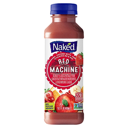 Naked Red Machine Juice, 15.2 fl oz
No Sugar Added*
*Not a low calorie food.

The Goodness Inside®°
Juices from°...
2 ⅓ apples
8 strawberries
⅓ orange
¾ banana
1 raspberry
7 red grapes
¼ pomegranate
10 cranberries & a hint of chokeberries & elderberries

Boosted with°...
8g flax seed
2.6mg vitamin B6
6.6mcg vitamin B12
°per bottle