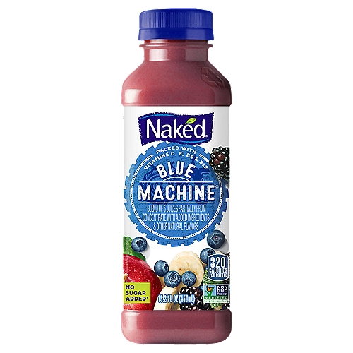 Naked Blue Machine Smoothie, 15.2 fl oz
The Goodness Inside®°
Vegan**
Juices from°...
4 apples, 1 bananas, 38 blueberries & a hint of carrot
Boosted with°...
117mg vitamin C, 28.5mg vitamin E, 49.6mg vitamin B3, 27mg vitamin B5, 7.14mg vitamin B6, 14.16mcg vitamin B12
°per bottle
**Visit our website for more information on our vegan claim

No Sugar Added*
*Not a low calorie food. See nutrition panel for information on sugar and calorie content.