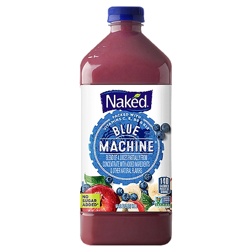 Naked Blue Machine Juice, 64 fl oz
Blend of 4 Juices Partially from Concentrate with Added Ingredients & Other Natural Flavors

The Goodness Inside®°
No Preservatives Added
No Sugar Added*
Gluten Free
Vegan**
Juices from°... 17½ apples, 5 bananas, 161 blueberries, & a hint of carrot
°per bottle
*Not a low calorie food.
**visit our website for more information on our vegan claim