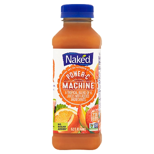Naked Power-C Machine Smoothie, 15.2 fl oz
A Tropical Blend of 6 Juices with Added Ingredients

12x DV vitamin C°

The Goodness Inside™°
Juices from°...
1 1/2 apples, 1/2 mango, 1/2 orange, 1 1/3 guavas, 1/2 peach, 5 strawberries
Boosted with°...
1140mg vitamin C, 209mg acerola cherry, 209mg rose hips, 3mg zinc
°per bottle