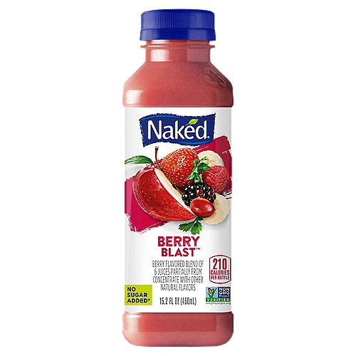 Naked Berry Blast Juice, 15.2 fl oz
Berry Flavored Blend of 6 Juices Partially from Concentrate with Other Natural Flavors 

No Sugar Added*
*Not a low calorie food. See nutrition panel for information on sugar and calorie content.

The Goodness Inside™°
Juices from°...
4 ¹⁄₁₄ apples
4⁄5 bananas
4 strawberries
4 cranberries
2 blackberries
2 raspberries
°per bottle