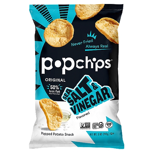 Popchips Sea Salt & Vinegar Potato Chips, 5 oz
Popped Chip Snack

Pucker up!
Ready for a pow right in the kisser? When you take a bite of sea salt and vinegar popchips, they bite right back! So go ahead and enjoy the perfect balance of potato, salt and vinegary snap. Prepare your taste buds for a spanking.

Calling all snacktivists.
Boiling in oil used to be something you did to your enemies. But potato chip makers do it to potatoes. They must really hate potatoes. But we don't. We love them. That's why we take potatoes, add heat and pressure, then pop! It's a perfectly seasoned chip that tastes as good as fried. So eat popchips, and feel the love in every bite.

No added preservatives†
†Citric acid is added for flavor.

Half the fat of fried chips*
*50+% less fat per 28g serving
Sea salt & vinegar popchips - 4g
Regular fried potato chips - 10g