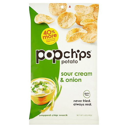 Popchips Sour Cream & Onion Potato Popped Chip Snack, 5 oz
Popped Chip Snack

The dip's already in the chip.
Some things just go together: slip and slide, cut and paste, selfies and sticks, and sour cream and onion. On their own, sour cream is tangy and onion is savory and slightly sweet. But together, they're a power couple - a taste sensation of delicious togetherness.

Calling all snacktivists.
Boiling in oil used to be something you did to your enemies. But potato chip makers do it to potatoes. They must really hate potatoes. But we don't. We love them. That's why we take potatoes, add heat and pressure, then pop! It's a perfectly seasoned chip that tastes as good as fried. So eat popchips, and feel the love in every bite.

Half the fat of fried chips*
*50+% less fat per 28g serving
Sour cream & onion popchips - 4g
Regular fried potato chips - 10g