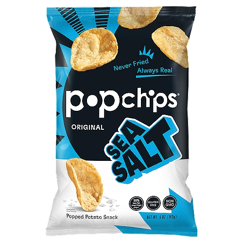 Popchips Original Sea Salt Popped Potato Snack, 5 oz
50% less fat than fried chips*
Half the fat of fried chips*
*50+% Less Fat per 28g Serving
Sea Salt Popchips - 4.5g
Regular Fried Potato Chips - 10g

The classics stand the test of time - and taste buds. For example, combining potatoes and sea salt dates back to the year 1000 BC, or before chips. Clearly, these simple ingredients bring out the best in each other, and they'll bring out the snacker in you.

Popped to Perfection.
Many chip-years ago, we turned the potato chip world upside down. We chose heat and pressure instead of grease and the deep fryer to create The Original Pop. The rest is delicious history. So grab a bag and enjoy, without snackrifice.