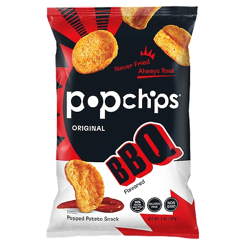 Popchips Original BBQ Flavored Popped Potato Snack, 5 oz
50% less fat than fried chips*

Half the fat of fried chips*
*50+% Less Fat per 28g Serving
Barbeque Popchips - 4.5g
Regular Fried Potato Chips - 10g

The Sauciest Chip Around.
Who needs backyard smoke and sizzle to enjoy lip-smacking barbeque? You don't. Because with our barbeque chips, you'll taste tangy sauce and a hint of smoke on every chip. So pop open a bag and savor the flavor, but skip the grease.