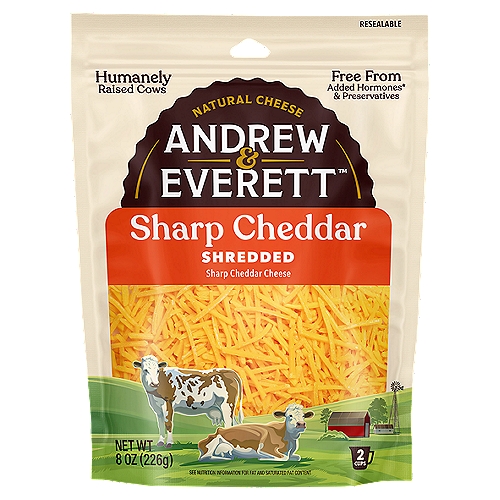 Andrew & Everett Shredded Sharp Cheddar Cheese, 8 oz
Free from added hormones* & preservatives
*Our cows are always farmer-certified free of artifical growth hormones. No significant difference has been shown between milk derived from rBGH-BST treated and non-rBGH-BST treated cows.

Absolutely Great-Tasting Cheese with Integrity™