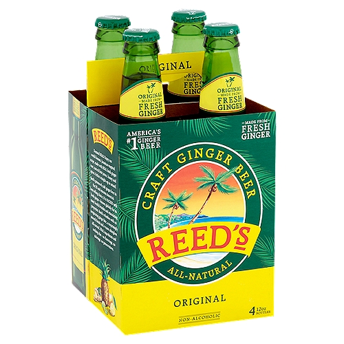 Reed's Original Craft Ginger Beer, 12 oz, 4 count
Demand Real! Enjoy our world-famous, Jamaican-inspired recipe, made with Real fresh ginger root, natural fruit juices, honey and spices. Perfect straight-up or mixed. Reed's pioneered craft ginger beer in
the US and remains America's best-selling choice. It is Packed with fresh ginger-known globally for its many health benefits and stimulating properties. Reed's refreshes with an invigorating ginger bite, a surprisingly smooth finish and a warm afterglow. All-natural, Real ingredients and nothing else - no flavorings, no colorings, no preservatives.
