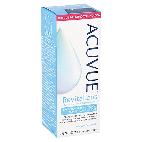 Acuvue RevitaLens Multi-Purpose Disinfecting Solution, 10 fl oz
Cleans, conditions, removes protein, rinses, disinfects and stores soft contact lenses, including silicone hydrogel lenses

Ask your eye care professional what makes Acuvue™ RevitaLens a great choice for exceptional disinfection and all-day comfort.

Acuvue™ RevitaLens Advantages
Dual-Disinfecting Technology effectively kills harmful bacteria.
All-Day Comfort
Great Match with Leading Contact Lenses including Acuvue® Contact Lenses.
Easy-Use Flip Cap!