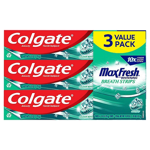 Colgate Max Fresh Whitening Toothpaste with Mini Breath Strips, Clean Mint Gel, 6.3 Oz Tube, 3 Pack
