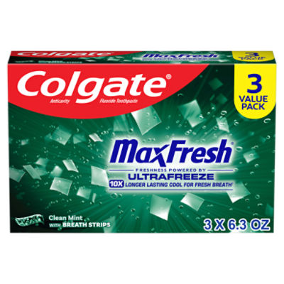 Colgate Max Fresh Whitening Toothpaste with Mini Breath Strips, Clean Mint Gel, 6.3 Oz Tube, 3 Pack