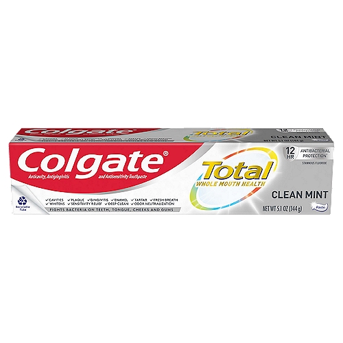 Colgate Total Clean Mint Toothpaste, 5.1 oz
Unlike Ordinary Toothpaste, Colgate Total Clean Mint Toothpaste Fights Bacteria on Teeth, Tongue, Cheeks & Gums For Whole Mouth Health. Colgate Total Toothpaste has a breakthrough formula that fights bacteria on teeth, tongue, cheeks and gums for Whole Mouth Health. Colgate Total with stannous fluoride also offers more benefits than ever including sensitivity relief, improved enamel strength* and odor neutralization* (*based on in vitro studies)

tooth whitening toothpaste, mint gel toothpaste, gel toothpaste, toothpaste gel, teeth whiteners, stain removers. stain removal toothpaste, cavity protection toothpaste, total toothpaste, charcoal toothpaste, teeth whitening, whitening toothpaste, natural toothpaste, organic toothpaste, spearmint toothpaste, wintergreen toothpaste