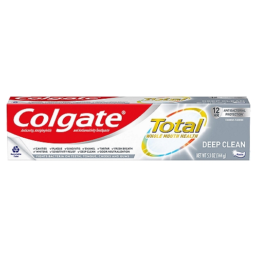 Colgate Total Deep Clean Toothpaste, 5.1 oz
Colgate Total Deep Clean Toothpaste has a breakthrough formula that fights bacteria on teeth, tongue, cheeks and gums for Whole Mouth Health. Colgate Total with stannous fluoride also offers more benefits than ever including sensitivity relief, improved enamel strength* and odor neutralization* (*based on in vitro studies). Fight cavities with the fluoride toothpaste formula. Prevent plaque, tartar, cavities, and gingivitis all with one toothpaste. Colgate's Total Deep Clean Toothpaste builds increasing protection against painful sensitivity of the teeth to cold, heat, acids, sweets, or contact for a clean, healthy smile.

tooth whitening toothpaste, mint gel toothpaste, gel toothpaste, toothpaste gel, teeth whiteners, stain removers. stain removal toothpaste, cavity protection toothpaste, total toothpaste, charcoal toothpaste, teeth whitening, whitening toothpaste, natural toothpaste, organic toothpaste, spearmint toothpaste, wintergreen toothpaste