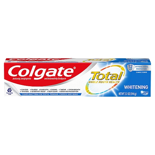 Colgate Total Whitening Toothpaste, 5.1 oz
You can smile confidently when you use Colgate Total + Whitening Toothpaste. It not only offers the benefits of regular toothpaste but also refreshes and whitens teeth by gently removing surface stains. This teeth-whitening toothpaste is specially formulated to eliminate stains and fight against cavities, plaque and gingivitis while preventing the occurrence of new stains and tartar buildup.

tooth whitening toothpaste, mint gel toothpaste, gel toothpaste, toothpaste gel, teeth whiteners, stain removers. stain removal toothpaste, cavity protection toothpaste, total toothpaste, charcoal toothpaste, teeth whitening, whitening toothpaste, natural toothpaste, organic toothpaste, spearmint toothpaste, wintergreen toothpaste