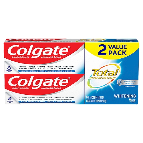Colgate Total Whitening Gel Toothpaste, Mint Toothpaste, 5.1 oz Tube, 2 Pack