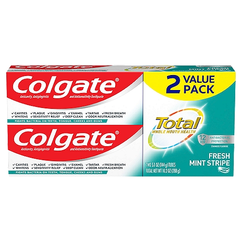 Colgate Total Fresh Mint Stripe Toothpaste, Mint Gel Toothpaste, 5.1 oz Tube, 2 Pack