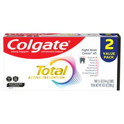 Colgate Total Whitening + Charcoal Toothpaste, Mint Toothpaste, 5.1 oz Tube, 2 Pack