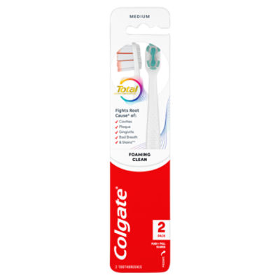 Colgate Medium Total Active Prevention Foaming Clean Toothbrushes, 2 count