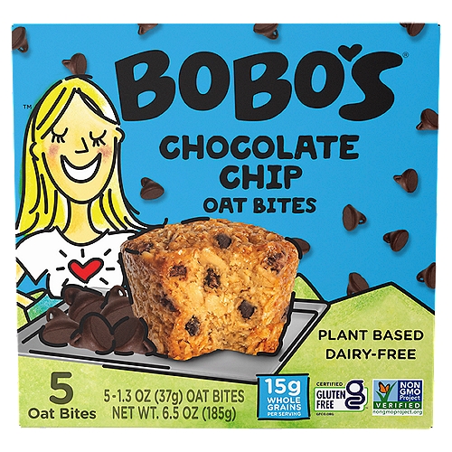 Bobo's Chocolate Chip Oat Bites, 1.3 oz, 5 count
Treat Your Taste Buds and Your Body with Love!
Our Chocolate Chip Oat Bites start with four simple ingredients that can be found in your own kitchen. Each one is gluten-free, vegan, certified non-GMO, dairy free and made from 100% organic whole grain oats. All without boring the daylights out of your taste buds. Every Chocolate Chip Bite is packed full of wholesome energy and chocolatey goodness to keep your body going and your taste buds begging for more!

Every Bite is baked with love by our own bakery team in Colorado.
• Fresh baked
• Small batch
• Delicious!