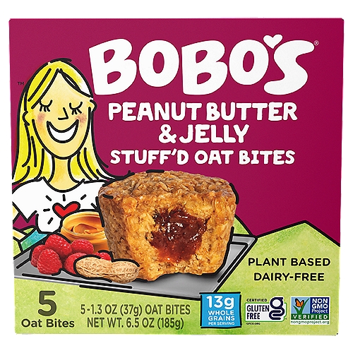 Bobo's Peanut Butter & Jelly Stuff'd Oat Bites, 1.3 oz, 5 count
PB&J All Day!
Our PB&J Stuff'd Oat Bite isn't just for kids. This childhood favorite combines rich and creamy peanut butter with delightful raspberry jam. Every bite will take you back to your childhood lunch while giving you the energy to make it through the long work day.
