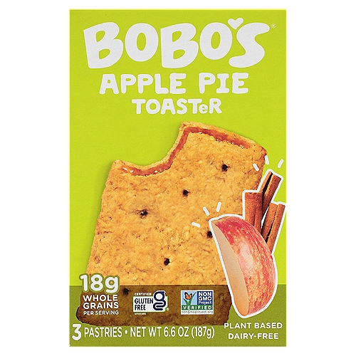 Bobo's Apple Pie Toaster Pastries, 3 count, 6.6 oz
Bobo's Toasters all start wholesome whole grain oats mixed with delicious fillings like apple pie. Each one is gluten-free, Certified Non-GMO, vegan and dairy free! All without boring the daylights out of your taste buds. Every Toaster is packed full of whole grain oats and tons of flavor to keep your body going and your taste buds begging for more!