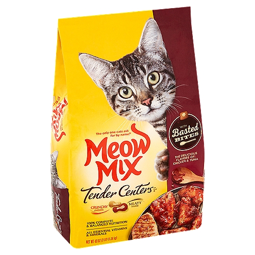 Meow Mix Tender Centers Chicken & Tuna with Basted Bites Cat Food, 48 oz
Nutritional Statement: Meow Mix® Tender Centers® Basted Bites Chicken & Tuna Flavors cat food is formulated to meet the nutritional levels established by the AAFCO Cat Food Nutrient Profiles for all life stages.

Irresistible taste cats love!