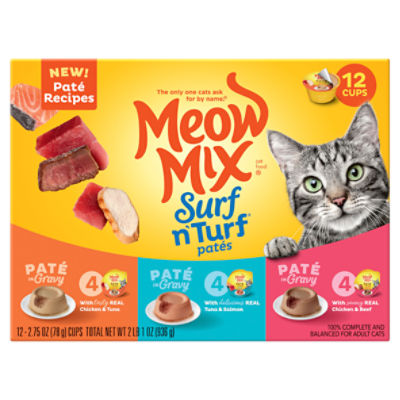 Meow Mix Surf 'n Turf Patés Cat Food Variety Pack, 2.75 oz, 12