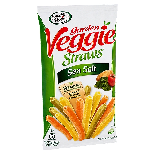 Sensible Portions Garden Veggie Straws Sea Salt Vegetable and Potato Snack, 16 oz
Snack Smart. Resist Less.
What makes our snacks so irresistible? The combination of garden grown potatoes, ripe vegetables, and 30% less fat than the leading potato chip† provides a better-for-you snack. Next, we delicately season them with sea salt. Now you can satisfy your snack cravings in a smart and wholesome way.
†Per 1 oz Serving - Fat
This Product - 7g
Leading Potato Chip - 10g

Snack More. Guilt Less.
Our straws are not quite a chip, crisp, or stick. These airy, crunchy straw snacks allow for 38 straws per serving! That is why we call ourselves Sensible Portions®.