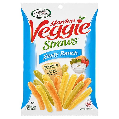 Sensible Portions Garden Veggie Straws Zesty Ranch Vegetable and Potato Snack, 7 oz
Snack Smart. Resist Less.
What makes our snacks so irresistible?
The combination of garden grown potatoes, ripe vegetables, and 30% less fat than the leading potato chip† provides a better-for-you snack. Next, we delicately season them with zesty ranch. Now you can satisfy your snack cravings in a smart and wholesome way.
†Per 1 oz serving - Fat
This product - 7g
Leading potato chip - 10g

Snack More. Guilt Less.
Our straws are not quite a chip, crisp, or stick. These airy, crunchy straw snacks allow for 38 straws per serving! That is why we call ourselves Sensible Portions®.

What is your favorite flavor?
These tempting straw snacks also come in other varieties such as Apple Straws™ Cinnamon, Garden Veggie Straws® Sea Salt or Garden Veggie Chips™, perfect for dipping.
